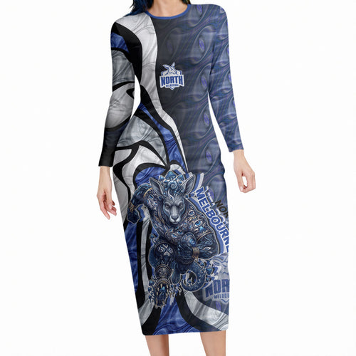 Personalised North Melbourne Kangaroos Long Sleeve Bodycon Dress Trippy Psychedelic Abstract Art Mascot Football Fans