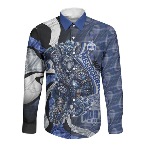 Personalised North Melbourne Kangaroos Long Sleeve Button Shirt Trippy Psychedelic Abstract Art Mascot Football Fans