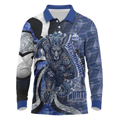 Personalised North Melbourne Kangaroos Long Sleeve Polo Shirt Trippy Psychedelic Abstract Art Mascot Football Fans