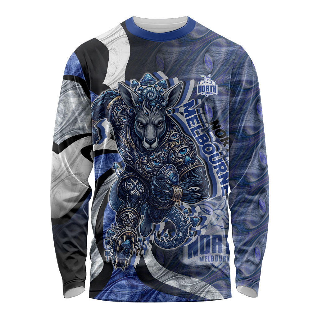 Personalised North Melbourne Kangaroos Long Sleeve Shirt Trippy Psychedelic Abstract Art Mascot Football Fans