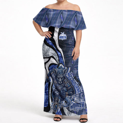 Personalised North Melbourne Kangaroos Off Shoulder Maxi Dress Trippy Psychedelic Abstract Art Mascot Football Fans