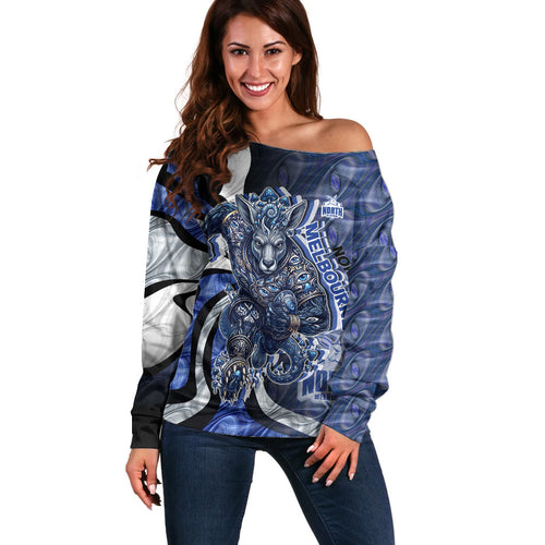 Personalised North Melbourne Kangaroos Off Shoulder Sweater Trippy Psychedelic Abstract Art Mascot Football Fans