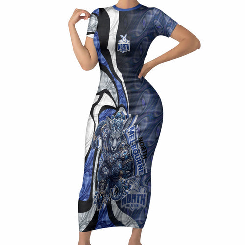 Personalised North Melbourne Kangaroos Short Sleeve Bodycon Dress Trippy Psychedelic Abstract Art Mascot Football Fans