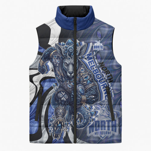 Personalised North Melbourne Kangaroos Sleeveless Puffer Jacket Trippy Psychedelic Abstract Art Mascot Football Fans