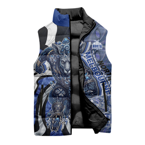 Personalised North Melbourne Kangaroos Sleeveless Puffer Jacket Trippy Psychedelic Abstract Art Mascot Football Fans