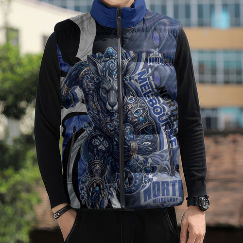 Personalised North Melbourne Kangaroos Sleeveless Puffer Jacket Trippy Psychedelic Abstract Art Mascot Football Fans
