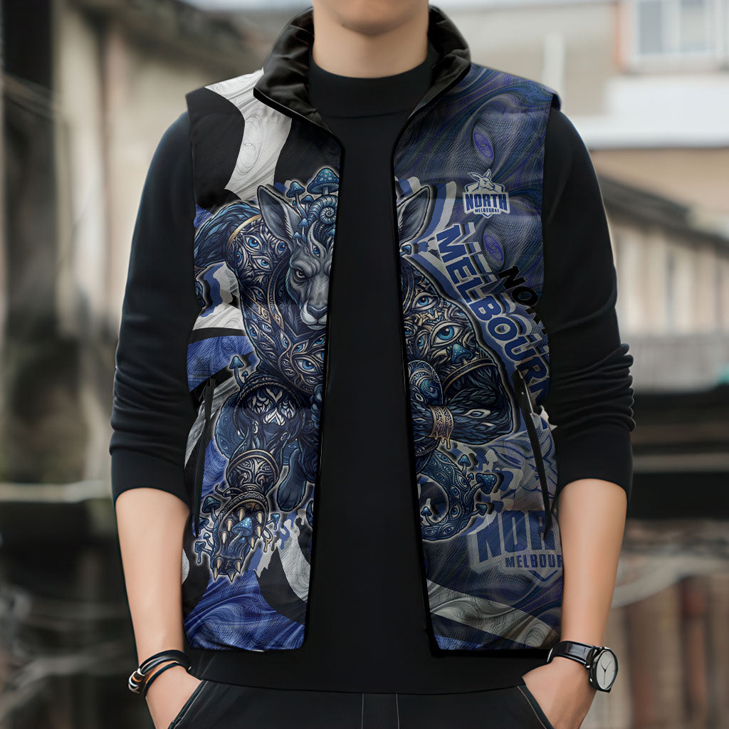 Personalised North Melbourne Kangaroos Sleeveless Puffer Jacket Trippy Psychedelic Abstract Art Mascot Football Fans