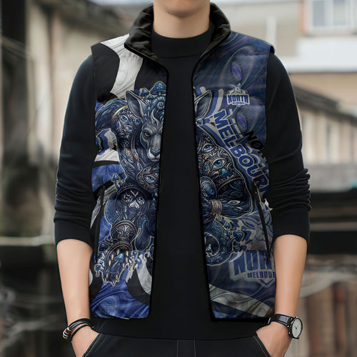 Personalised North Melbourne Kangaroos Sleeveless Puffer Jacket Trippy Psychedelic Abstract Art Mascot Football Fans