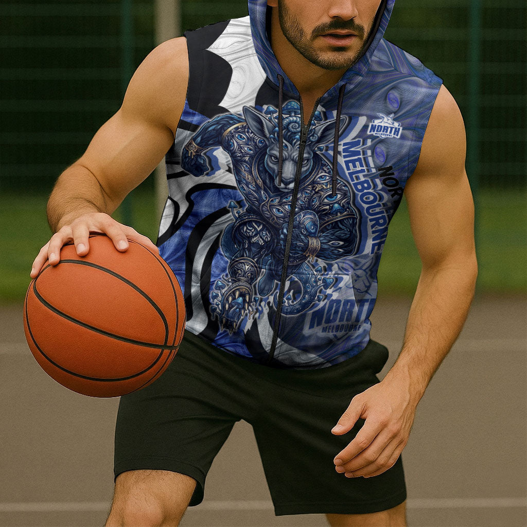Personalised North Melbourne Kangaroos Sleeveless Zip Hoodie Trippy Psychedelic Abstract Art Mascot Football Fans