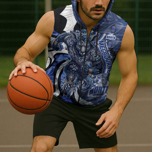 Personalised North Melbourne Kangaroos Sleeveless Zip Hoodie Trippy Psychedelic Abstract Art Mascot Football Fans