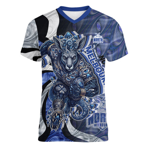 Personalised North Melbourne Kangaroos Women V-Neck T-Shirt Trippy Psychedelic Abstract Art Mascot Football Fans