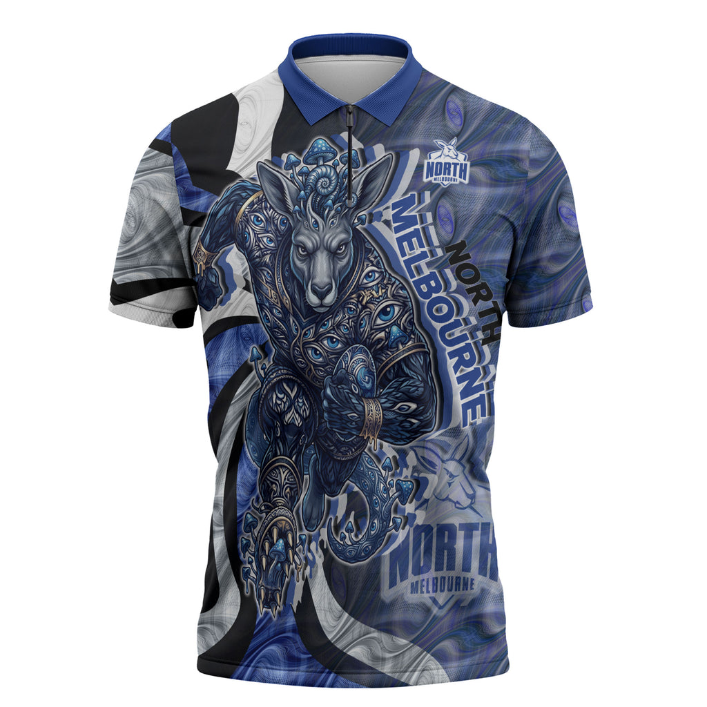 Personalised North Melbourne Kangaroos Zipper Polo Shirt Trippy Psychedelic Abstract Art Mascot Football Fans