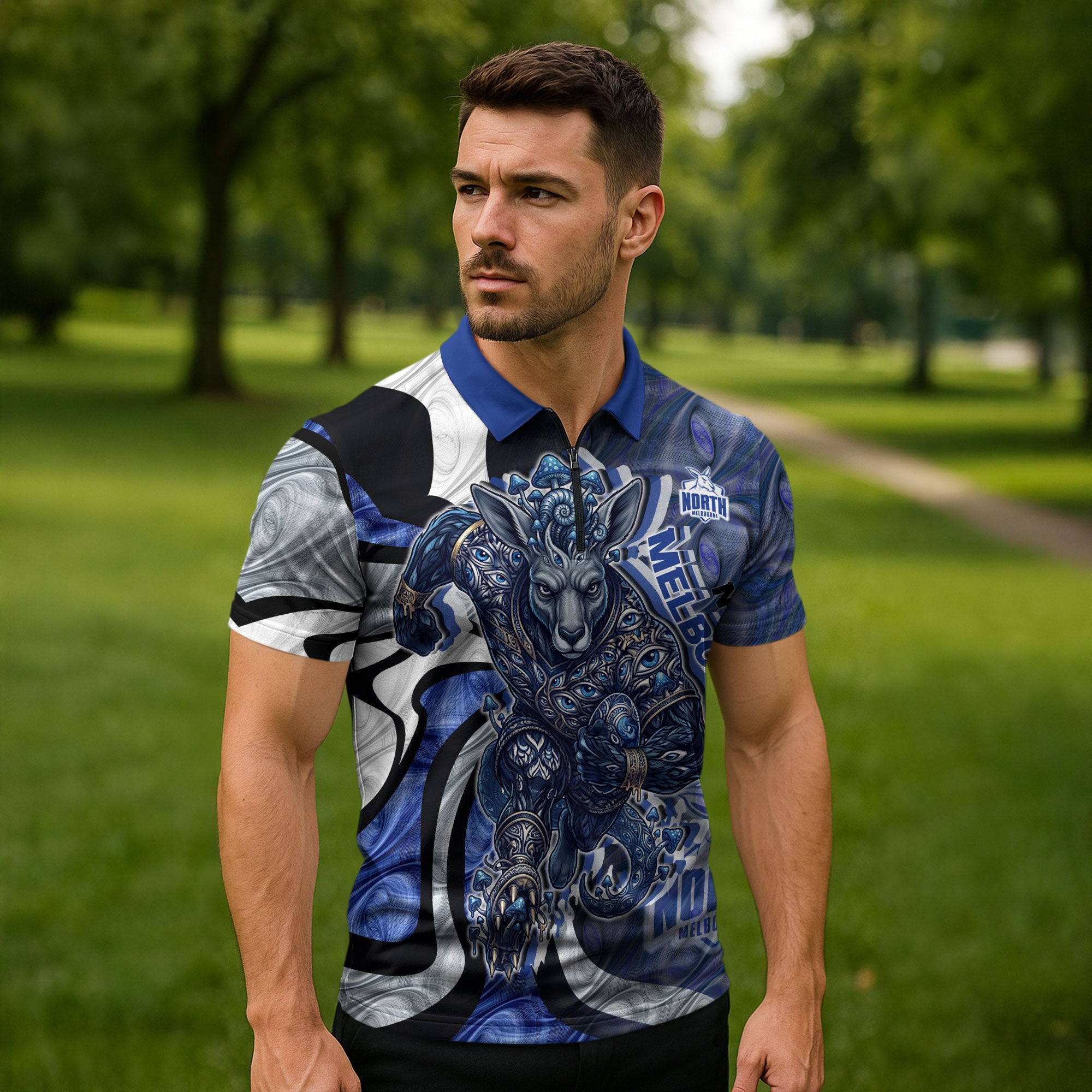 Personalised North Melbourne Kangaroos Zipper Polo Shirt Trippy Psychedelic Abstract Art Mascot Football Fans