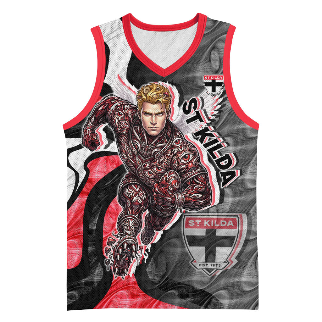 Personalised St Kilda Saints Basketball Jersey Trippy Psychedelic Abstract Art Mascot Football Fans