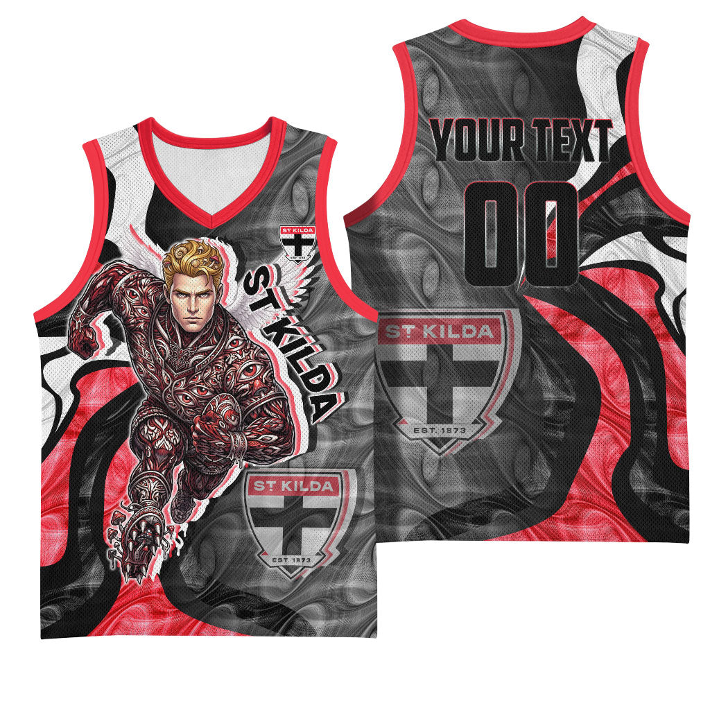 Personalised St Kilda Saints Basketball Jersey Trippy Psychedelic Abstract Art Mascot Football Fans