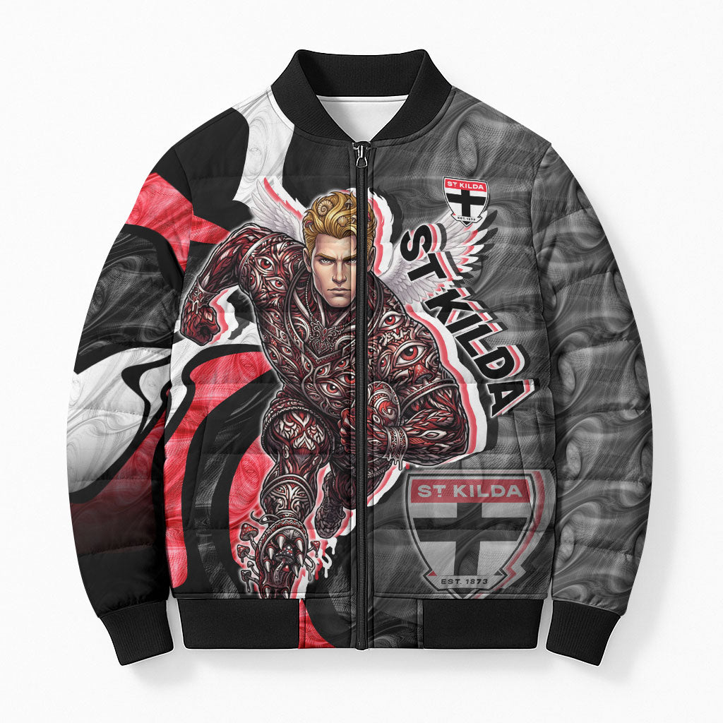 Personalised St Kilda Saints Bomber Puffer Jacket Trippy Psychedelic Abstract Art Mascot Football Fans