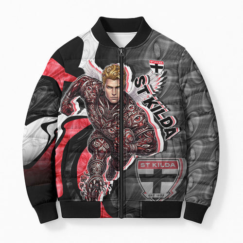 Personalised St Kilda Saints Bomber Puffer Jacket Trippy Psychedelic Abstract Art Mascot Football Fans