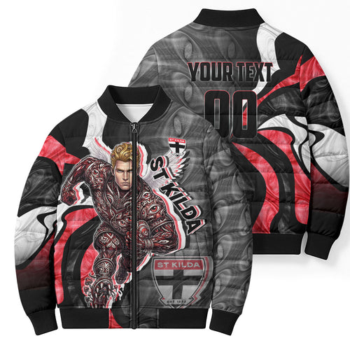 Personalised St Kilda Saints Bomber Puffer Jacket Trippy Psychedelic Abstract Art Mascot Football Fans