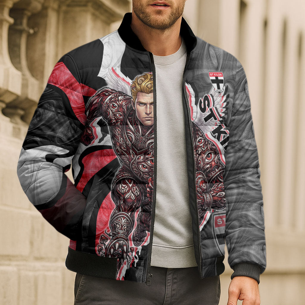 Personalised St Kilda Saints Bomber Puffer Jacket Trippy Psychedelic Abstract Art Mascot Football Fans
