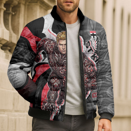 Personalised St Kilda Saints Bomber Puffer Jacket Trippy Psychedelic Abstract Art Mascot Football Fans