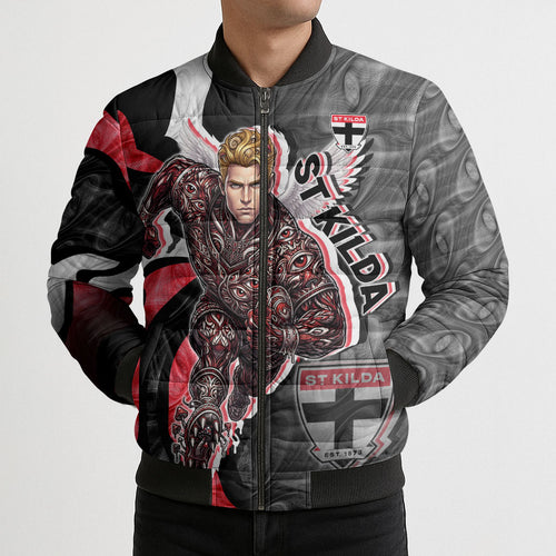 Personalised St Kilda Saints Bomber Puffer Jacket Trippy Psychedelic Abstract Art Mascot Football Fans