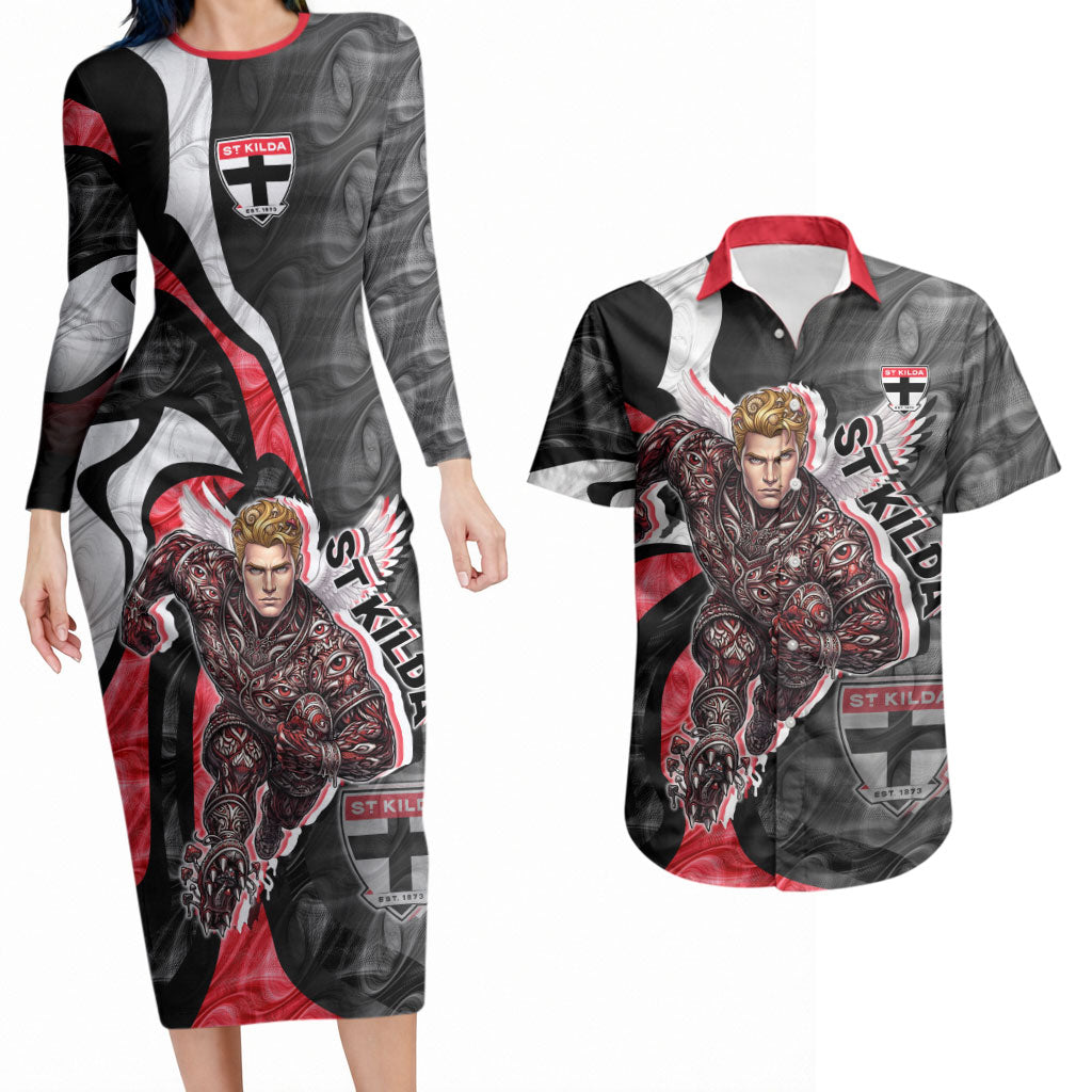 Personalised St Kilda Saints Couples Matching Long Sleeve Bodycon Dress and Hawaiian Shirt Trippy Psychedelic Abstract Art Mascot Football Fans