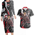 Personalised St Kilda Saints Couples Matching Long Sleeve Bodycon Dress and Hawaiian Shirt Trippy Psychedelic Abstract Art Mascot Football Fans