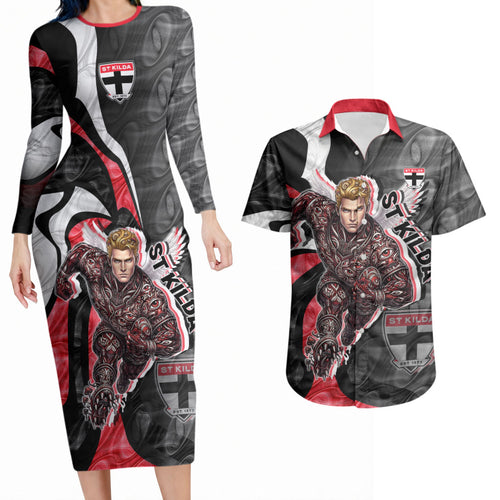 Personalised St Kilda Saints Couples Matching Long Sleeve Bodycon Dress and Hawaiian Shirt Trippy Psychedelic Abstract Art Mascot Football Fans