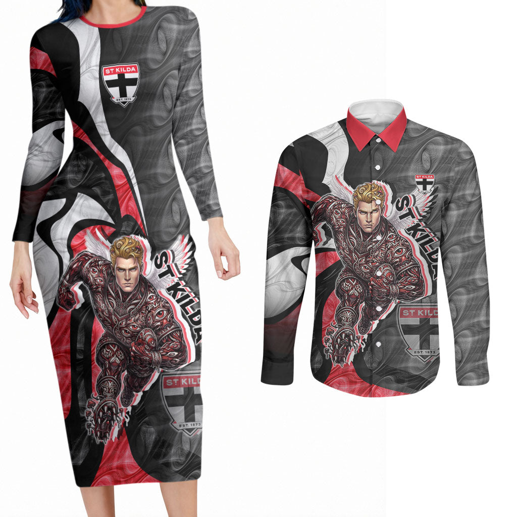 Personalised St Kilda Saints Couples Matching Long Sleeve Bodycon Dress and Long Sleeve Button Shirt Trippy Psychedelic Abstract Art Mascot Football Fans