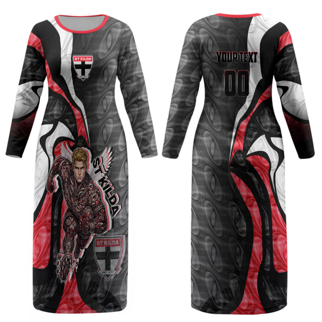 Personalised St Kilda Saints Couples Matching Long Sleeve Bodycon Dress and Long Sleeve Button Shirt Trippy Psychedelic Abstract Art Mascot Football Fans