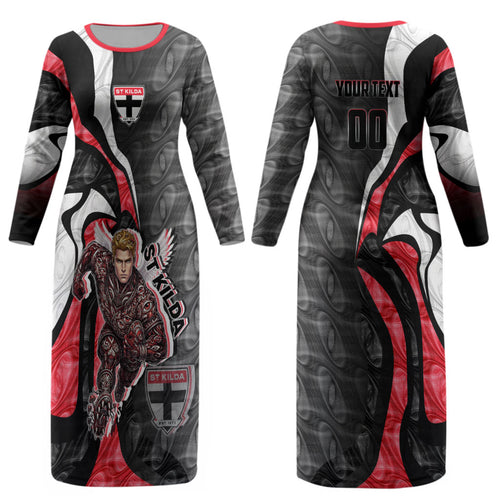 Personalised St Kilda Saints Couples Matching Long Sleeve Bodycon Dress and Long Sleeve Button Shirt Trippy Psychedelic Abstract Art Mascot Football Fans