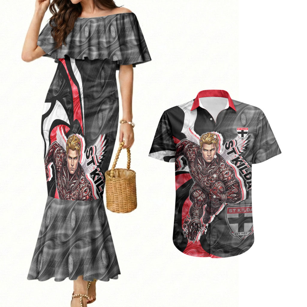 Personalised St Kilda Saints Couples Matching Mermaid Dress and Hawaiian Shirt Trippy Psychedelic Abstract Art Mascot Football Fans