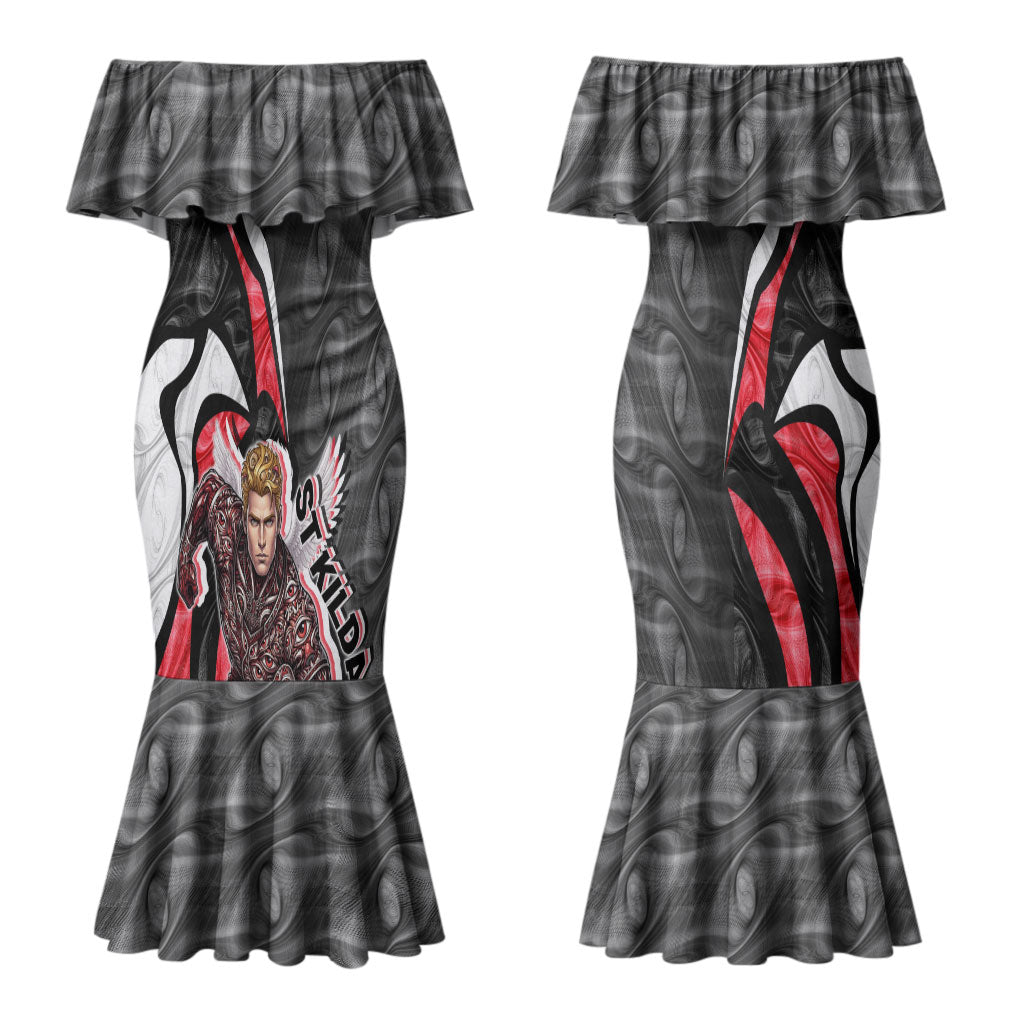 Personalised St Kilda Saints Couples Matching Mermaid Dress and Hawaiian Shirt Trippy Psychedelic Abstract Art Mascot Football Fans