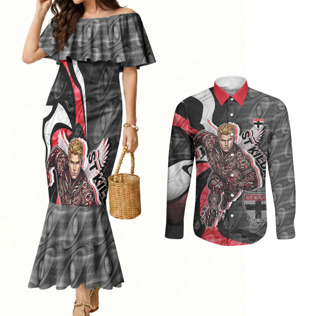 Personalised St Kilda Saints Couples Matching Mermaid Dress and Long Sleeve Button Shirt Trippy Psychedelic Abstract Art Mascot Football Fans