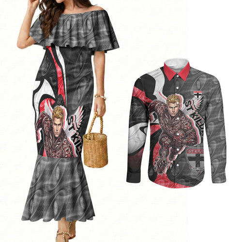 Personalised St Kilda Saints Couples Matching Mermaid Dress and Long Sleeve Button Shirt Trippy Psychedelic Abstract Art Mascot Football Fans