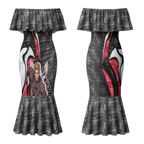 Personalised St Kilda Saints Couples Matching Mermaid Dress and Long Sleeve Button Shirt Trippy Psychedelic Abstract Art Mascot Football Fans
