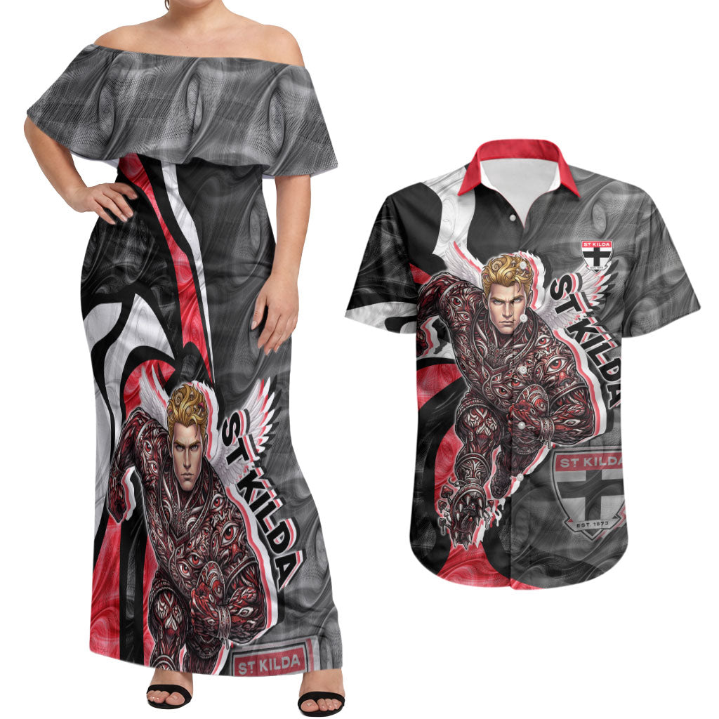 Personalised St Kilda Saints Couples Matching Off Shoulder Maxi Dress and Hawaiian Shirt Trippy Psychedelic Abstract Art Mascot Football Fans