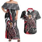 Personalised St Kilda Saints Couples Matching Off Shoulder Maxi Dress and Hawaiian Shirt Trippy Psychedelic Abstract Art Mascot Football Fans