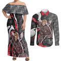 Personalised St Kilda Saints Couples Matching Off Shoulder Maxi Dress and Long Sleeve Button Shirt Trippy Psychedelic Abstract Art Mascot Football Fans