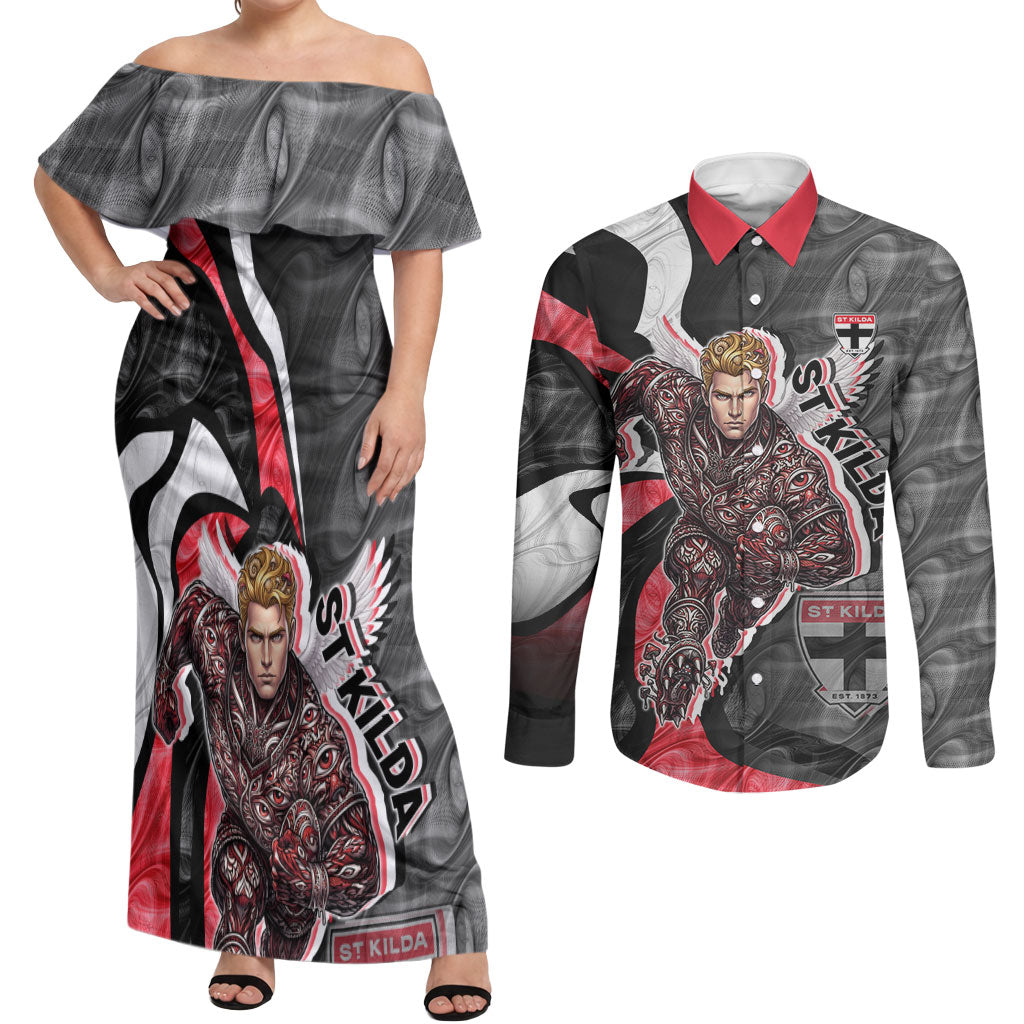 Personalised St Kilda Saints Couples Matching Off Shoulder Maxi Dress and Long Sleeve Button Shirt Trippy Psychedelic Abstract Art Mascot Football Fans