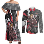 Personalised St Kilda Saints Couples Matching Off Shoulder Maxi Dress and Long Sleeve Button Shirt Trippy Psychedelic Abstract Art Mascot Football Fans