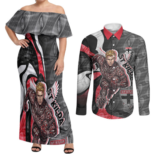 Personalised St Kilda Saints Couples Matching Off Shoulder Maxi Dress and Long Sleeve Button Shirt Trippy Psychedelic Abstract Art Mascot Football Fans