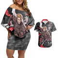 Personalised St Kilda Saints Couples Matching Off Shoulder Short Dress and Hawaiian Shirt Trippy Psychedelic Abstract Art Mascot Football Fans