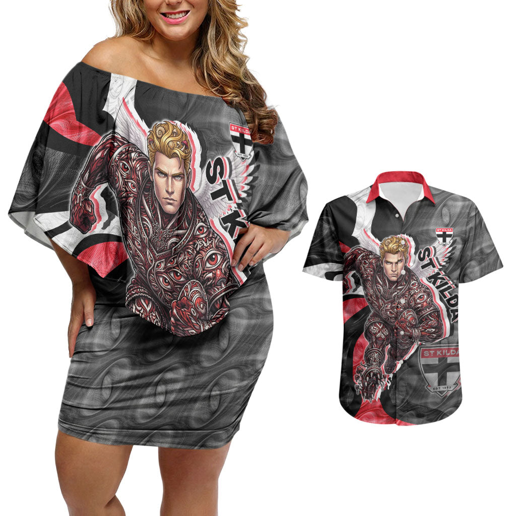 Personalised St Kilda Saints Couples Matching Off Shoulder Short Dress and Hawaiian Shirt Trippy Psychedelic Abstract Art Mascot Football Fans