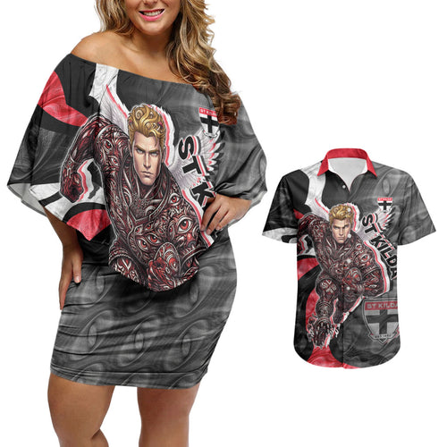 Personalised St Kilda Saints Couples Matching Off Shoulder Short Dress and Hawaiian Shirt Trippy Psychedelic Abstract Art Mascot Football Fans
