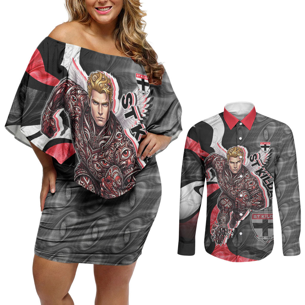 Personalised St Kilda Saints Couples Matching Off Shoulder Short Dress and Long Sleeve Button Shirt Trippy Psychedelic Abstract Art Mascot Football Fans