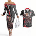 Personalised St Kilda Saints Couples Matching Off The Shoulder Long Sleeve Dress and Hawaiian Shirt Trippy Psychedelic Abstract Art Mascot Football Fans