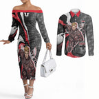 Personalised St Kilda Saints Couples Matching Off The Shoulder Long Sleeve Dress and Long Sleeve Button Shirt Trippy Psychedelic Abstract Art Mascot Football Fans