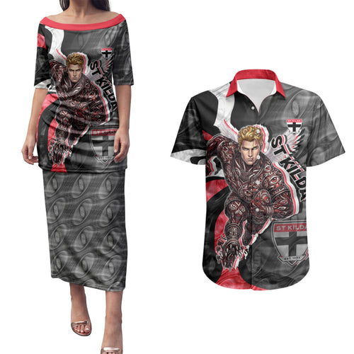 Personalised St Kilda Saints Couples Matching Puletasi and Hawaiian Shirt Trippy Psychedelic Abstract Art Mascot Football Fans
