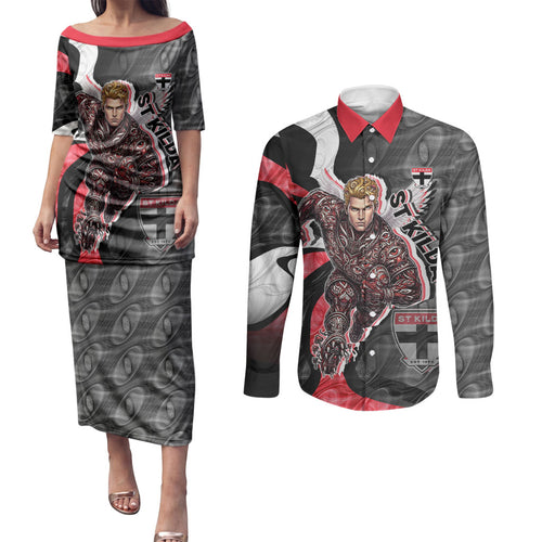 Personalised St Kilda Saints Couples Matching Puletasi and Long Sleeve Button Shirt Trippy Psychedelic Abstract Art Mascot Football Fans